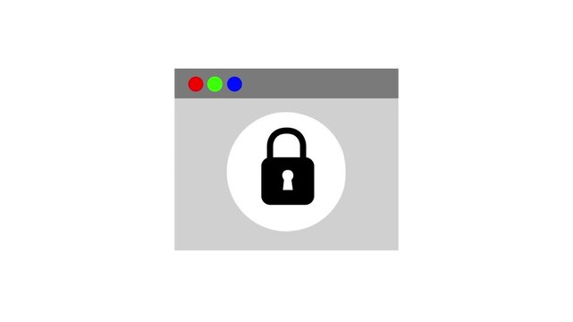 Secure web browsing animation. Browser window with a central padlock appearing, signifying HTTPS, internet security, safe connection, and digital privacy.
