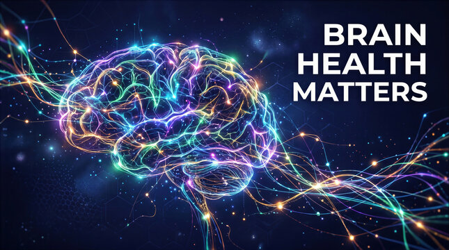 Brain Health Matters Concept Illustration with Glowing Neural Network and Colorful Digital Synapses for Mental Health Awareness