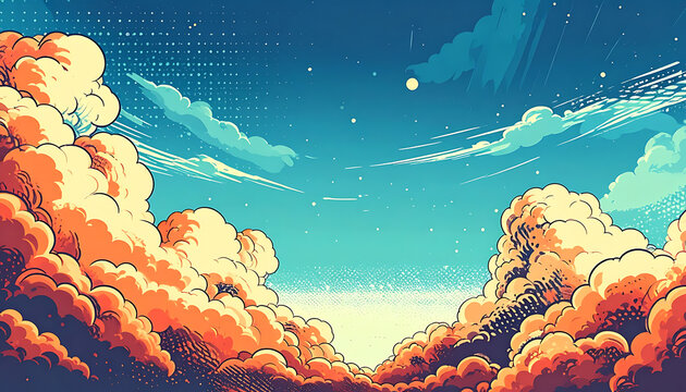 Pixel art sunset sky with fluffy clouds, vibrant orange and blue aesthetic for retro video game background