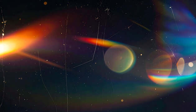 Prismatic light flare overlay with film dust and scratches on dark background, cinematic texture effect, vintage camera leak, retro photography style