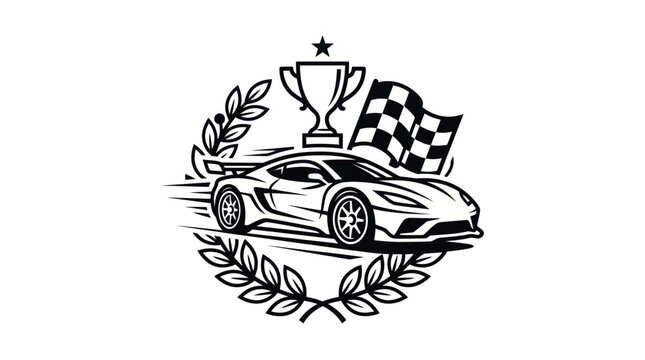 Racing Car Trophy Laurel Wreath Checkered Flag Vector Emblem