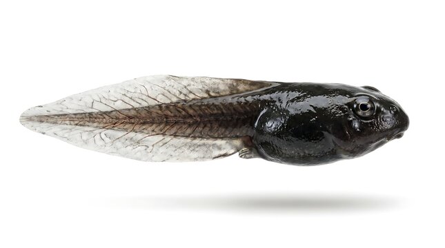 A single black tadpole swimming isolated against a white background.