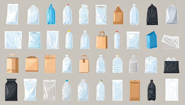 Set of pixel art plastic bags and cardboard packaging, grocery supply items, waste management, recycling, retail shopping bags