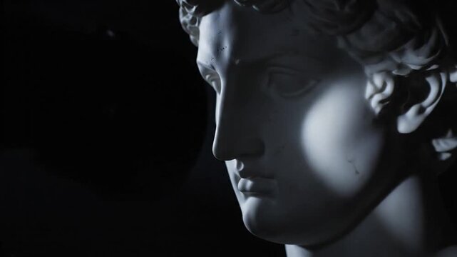 Classical Greek statue bust illuminated by dramatic spotlight in darkness