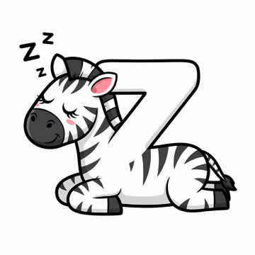Zebra character sleeps peacefully next to a large capital letter Z in this cute animal alphabet illustration.