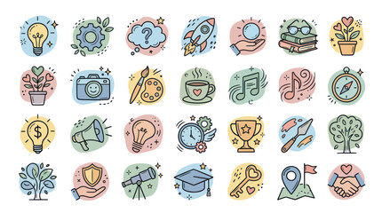 Creative Ideas and Innovation Icons Set: Lightbulb, Rocket, Gear, Brainstorming, Success © Deni