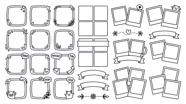 Hand-drawn doodle frames, photo borders, and banners for scrapbooking and journaling