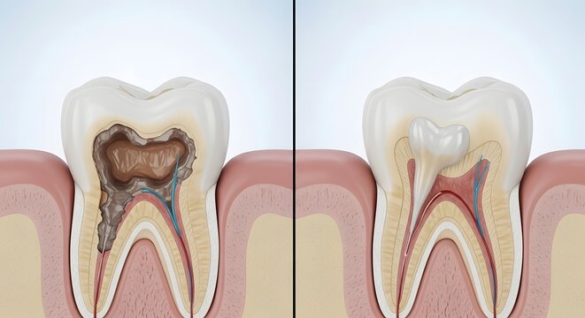 Educational Dental Illustration Showing Decayed Tooth Restored Through Modern Filling Procedure