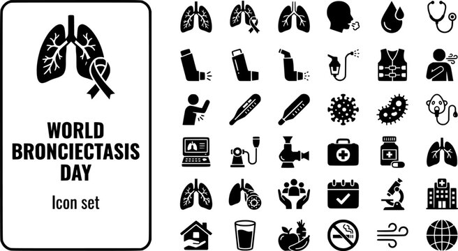 World Bronchiectasis Day Icon Set Lung Health Chronic Cough Respiratory Disease Pulmonary Care Breathing Therapy Vector Illustration