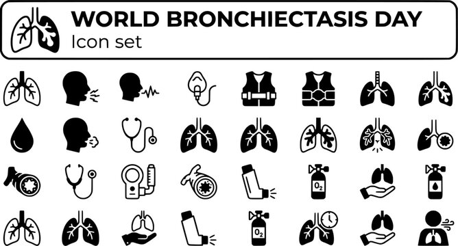 World Bronchiectasis Day Icon Set Lung Health Chronic Cough Respiratory Disease Pulmonary Care Breathing Therapy Vector Illustration