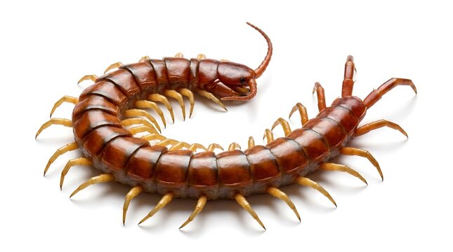 A close up studio shot of a large brown centipede on a white background.