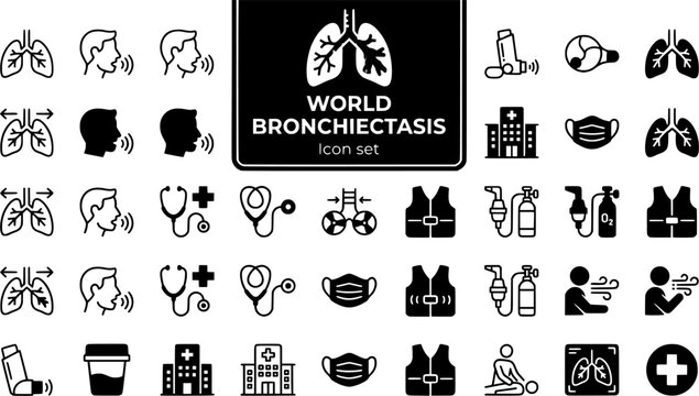 World Bronchiectasis Day Icon Set Lung Health Chronic Cough Respiratory Disease Pulmonary Care Breathing Therapy Vector Illustration