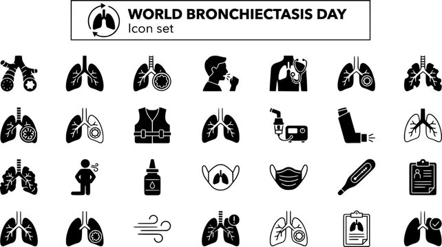 World Bronchiectasis Day Icon Set Lung Health Chronic Cough Respiratory Disease Pulmonary Care Breathing Therapy Vector Illustration