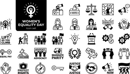 Fototapeta premium Womens Equality Day Icon Set Voting Rights Gender Parity Women Empowerment Workplace Equality Social Progress Vector Illustration