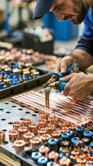 Fototapeta premium Experienced metalworker adjusting polished copper busbars with insulated tools set against a softly blurred background of renewable energy workshop equipment and welllit parts