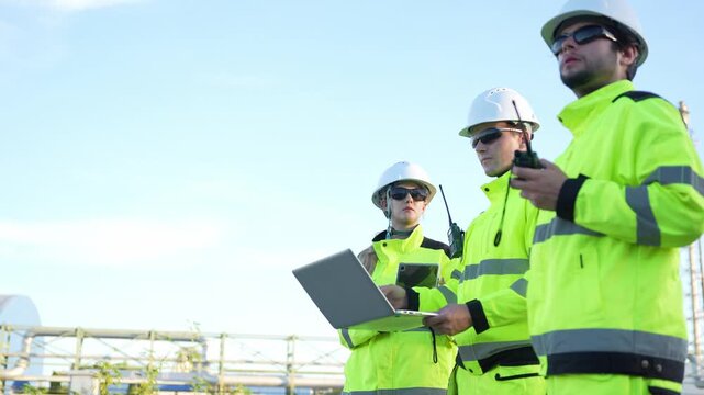 Engineering team coordinating work at oil refinery, Industrial team using laptop and radio for field coordination at refinery, Professional operators discussing site plans at petrochemical facility