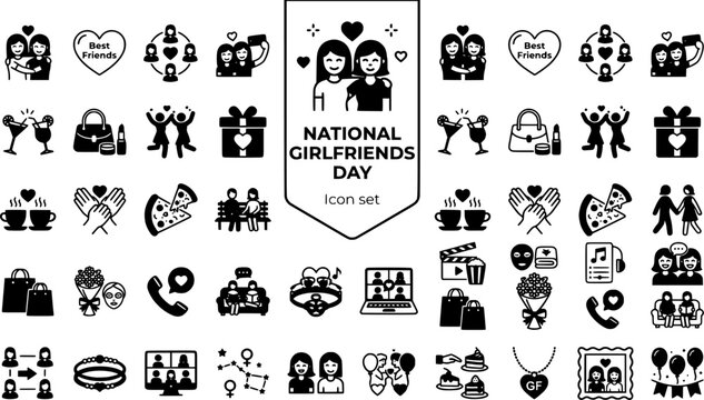 National Girlfriends Day Icon Set Female Friendship Girls Night Support Circle Friendship Bond Social Connection Vector Illustration