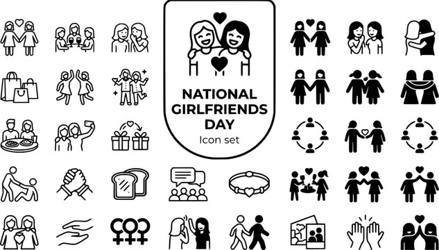 National Girlfriends Day Icon Set Female Friendship Girls Night Support Circle Friendship Bond Social Connection Vector Illustration