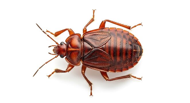 A close up top view of a common bed bug isolated on a white background.