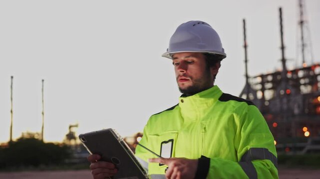 Industrial engineer using walkie talkie and tablet at oil refinery plant, Oil refinery worker coordinating operations via radio communication, Technician reporting progress at oil and gas facility
