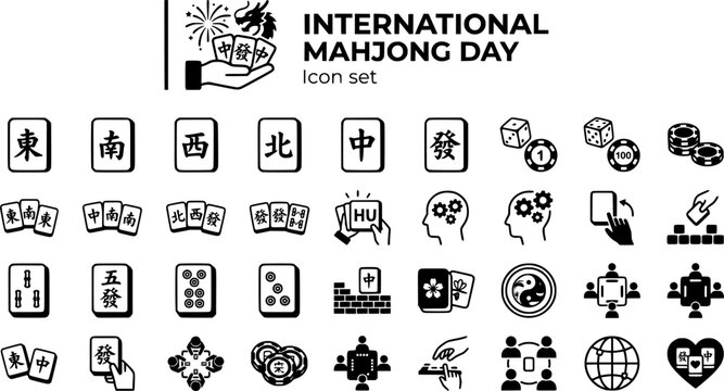 International Mahjong Day Icon Set Mahjong Tiles Strategy Gameplay Cultural Games Traditional Games Social Gaming Vector Illustration