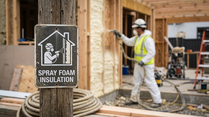Fototapeta premium Professional Worker Spraying Expanding Polyurethane Foam Insulation into Wall Cavity for Energy Efficiency and Thermal Protection in Residential Construction Site