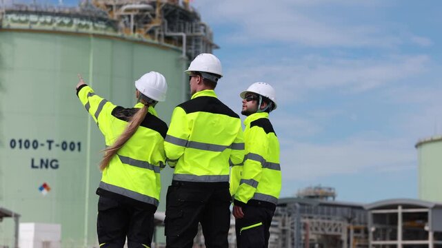 Team of industrial specialists analyzing project at gas storage terminal, Collaboration of oil and gas engineers at production site, Back view of engineering team reviewing data at LNG facility
