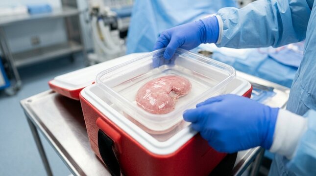 Organ Transplant Kidney in Sterile Container Concept