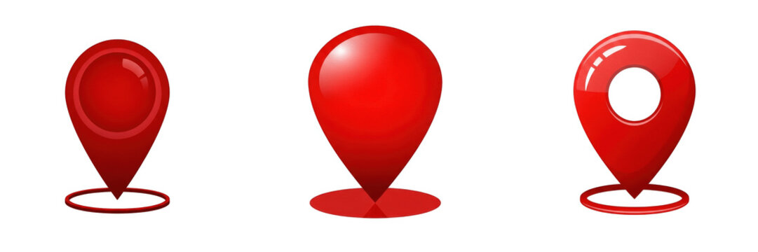 Set of 3D glossy red location marker map pin for digital gps tracking navigation point drop icon isolated on a transparent background, creative png asset.