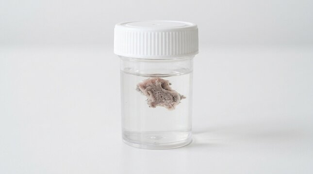 Pathology Tissue Sample in Container on White Background