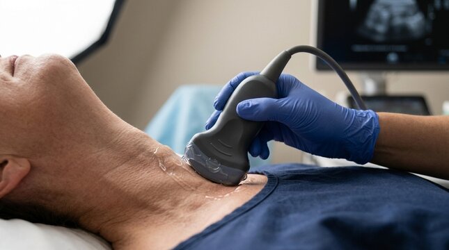 Thyroid Ultrasound Probe Examination on Neck Close-Up