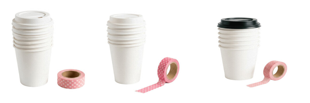Set of stacked white disposable paper coffee cups next to a roll of pink decorative masking washi tape isolated on transparent background, png.