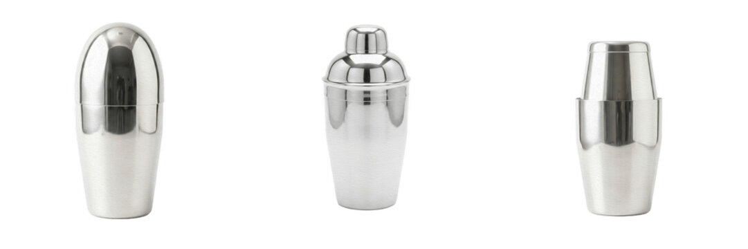 Set of classic stainless steel metal cocktail shaker bartender tool for mixing alcoholic beverages and drinks isolated on transparent background, png.