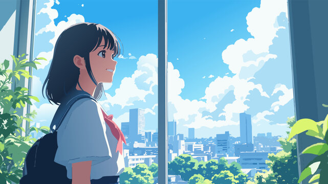 窓辺に立つ制服の女子学生と入道雲が浮かぶ夏の都市風景　アニメ風イラスト