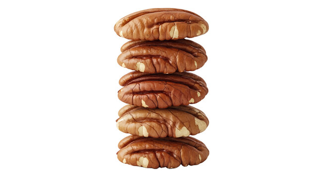 Minimal black silhouette icon, simple flat vector, bold black shape, no, no shading stack of five raw pecan nut halves on a, flat icon style