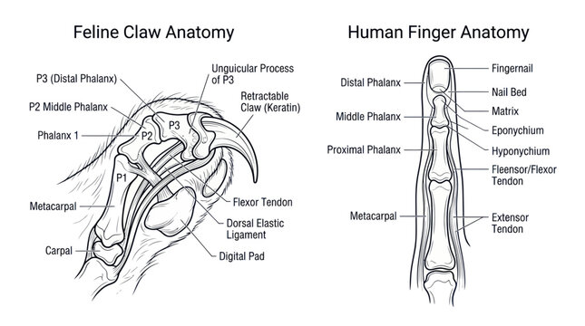 Feline Claw vs. Human Finger Anatomy Diagram