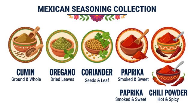 Mexican Seasoning Collection: Cumin, Oregano, Coriander, Paprika, Chili Powder