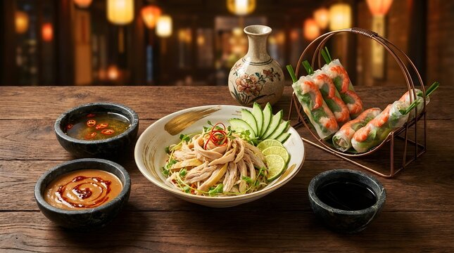 Traditional Vietnamese dinner feast with shredded chicken salad, shrimp rolls, and dipping sauces
