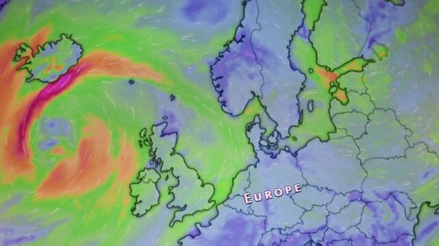 Dynamic weather data visualization showing jet stream wind flow over Europe Iceland and the North Atlantic with colorful atmospheric patterns on a computer screen.