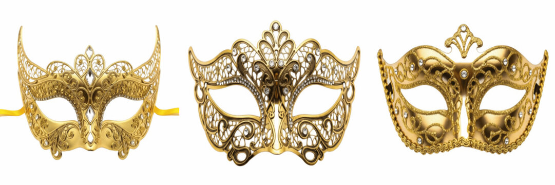 Set of luxurious ornate golden masquerade mask with intricate filigree details and sparkling accents isolated on a transparent background, elegant party venetian PNG.