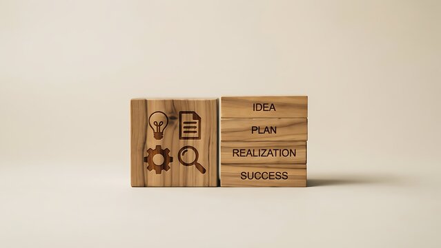 Wooden blocks with business concepts, idea, plan, realization, success design