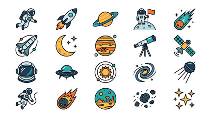 Space Exploration Icons: Astronauts, Planets, Rockets, UFO, Stars, Telescope © din