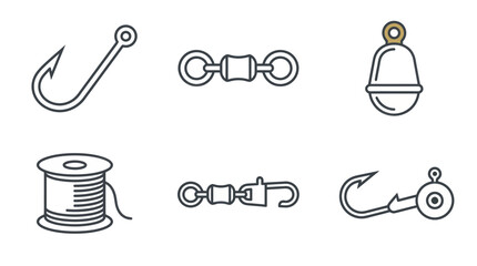 Fishing Gear Icons: Hook, Swivel, Bobber, Spool, Jig Head Vector Set © din