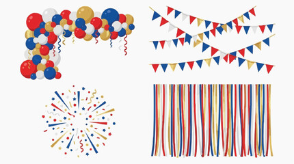 Obraz premium A festive collection of party decorations including a balloon arch, bunting, confetti, and streamers, all in red, white, and blue with gold accents