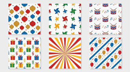 Obraz premium A collection of six colorful, repeating patterns, including dots, pinwheels, drums, gift boxes, sunbursts, and balloons