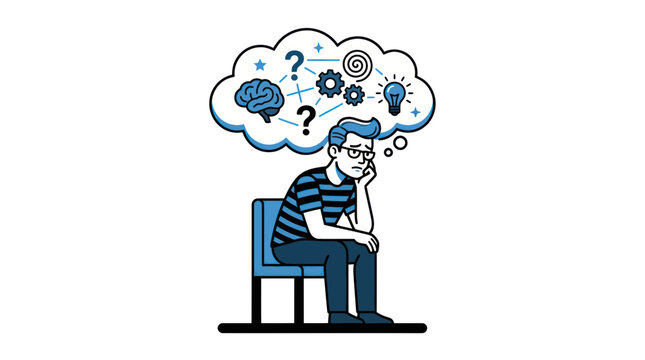 Man thinking deeply with question marks and ideas in a thought bubble
