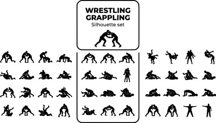 Fototapeta premium Wrestling Grappling Silhouette Set Black White Sport Bundle Vector Illustration Isolated White Background