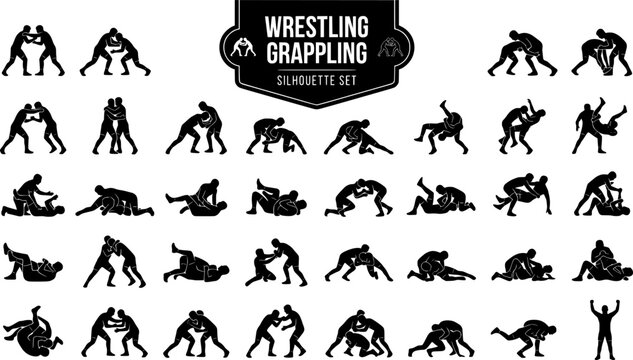 Wrestling Grappling Silhouette Set Black White Sport Bundle Vector Illustration Isolated White Background