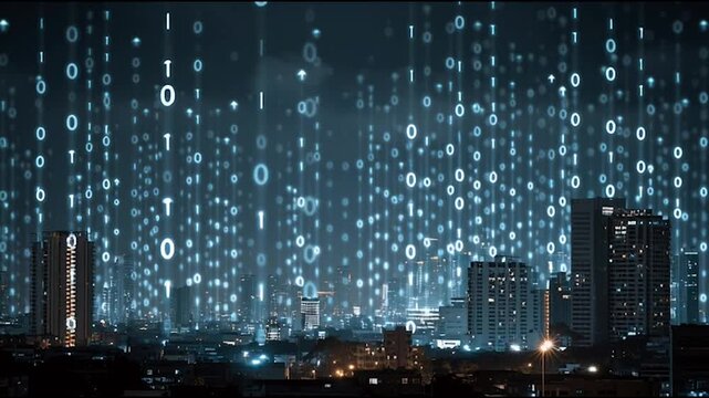 abstract innovative cyber security network, using interconnected nodes to represent business partnerships on the Smart digital Innovation city with connection network reciprocity over the smart city