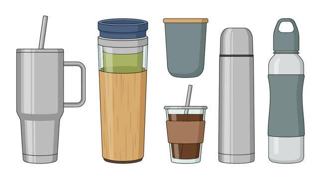 Collection of reusable water bottles and drink containers, including tumblers, travel mugs, and thermoses, for daily hydration and beverage carrying needs